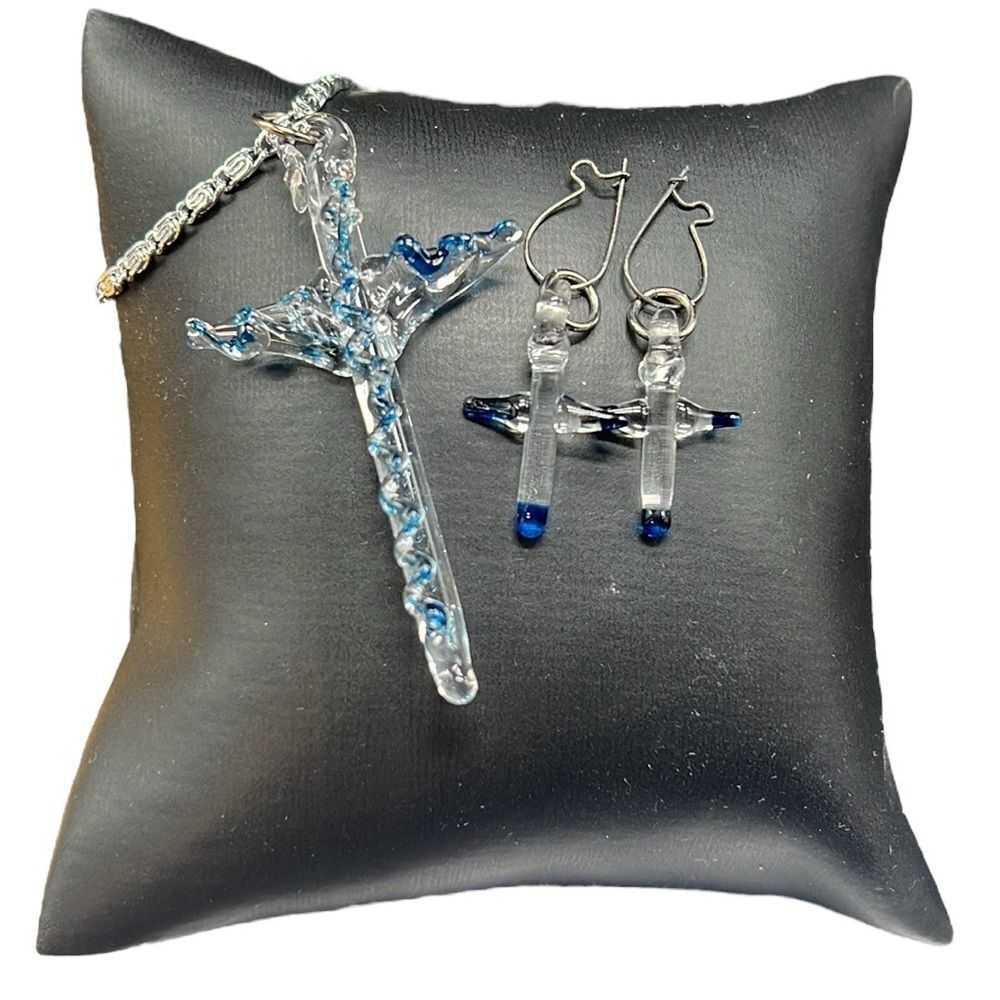 Cross Necklace Dangle Earring Set Vintage Art Glass Clear Blue Religious